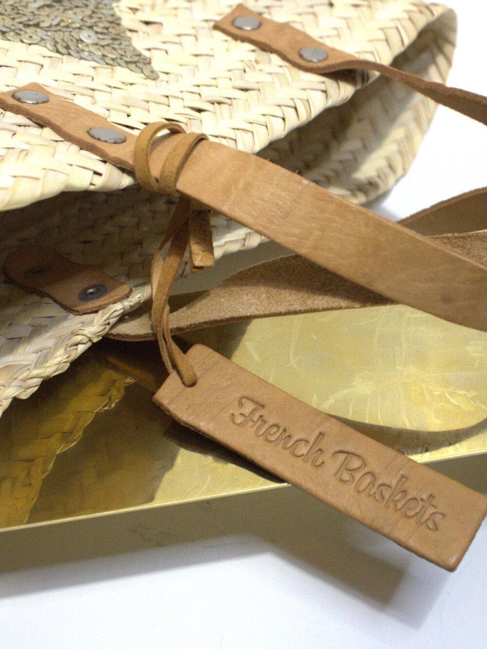 French and Baskets Straw Tote Bag with Sequin Star, Leather Straps